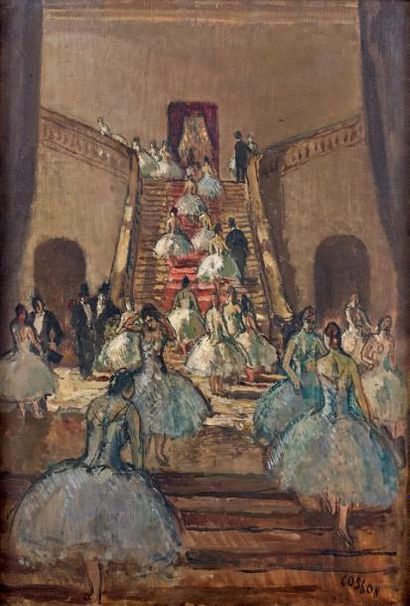 Marcel COSSON (1878-1956) Ballerines dans l'escalier Huile sur toile, signée en bas...