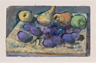 Armando MORALES (1927-2011) Nature morte aux prunes, pommes et poires Huile sur carton,...