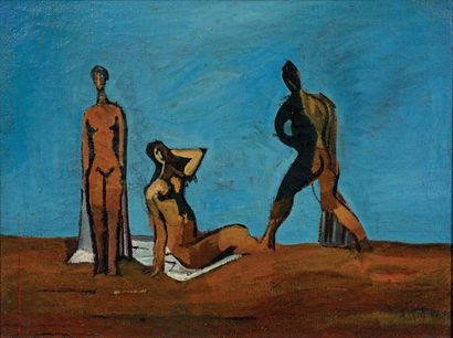 Louis LATAPIE (1891-1972) Trois baigneuses sur la plage Huile sur toile, resignée...