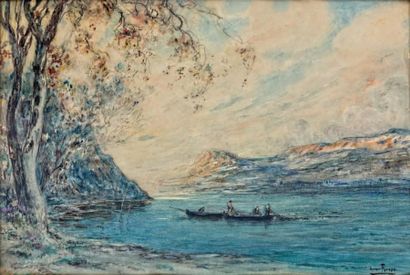Henri FOREAU (1866-1938) Pêcheur sur un lac Aquarelle, signée en bas à droite. 41...