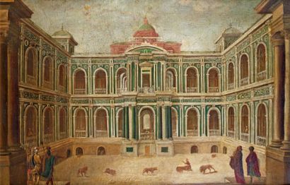 École ESPAGNOLE du XVIIe siècle Cour d'un Palais Toile.102 x 156 cm