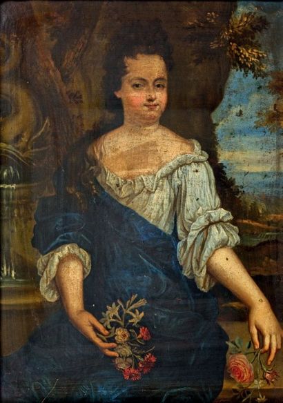 École FRANÇAISE de la fin du XVIIIe siècle Portrait de jeune fille aux fleurs Panneau....