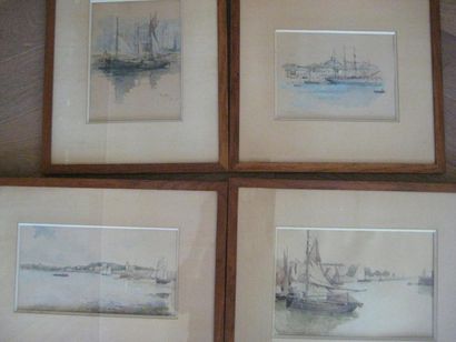 Eugène BEJOT (1867-1931) Ensemble de quatre aquarelles sous-verre représentant des...