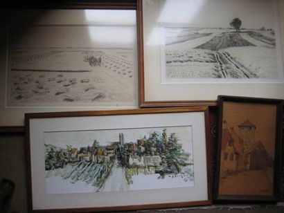 null Lot: - Vue de village, aquarelle - deux lithographies, Paysage - Panneau ma...