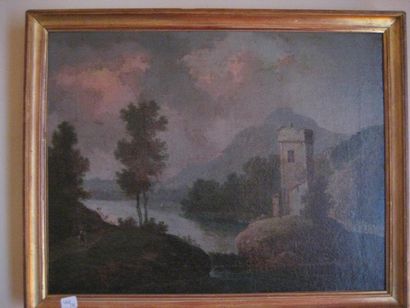 Ecole Française du XIXème La Tour dans un paysage de montagne Huile sur toile 36...