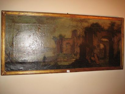 null Paysage avec ruines et personnages Huile sur toile 39 x 93 cm (Accident et trous...