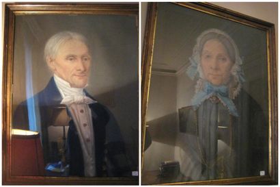 null Deux pastels sous verre: Portrait d'homme et de femme 63 x 48 cm