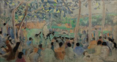 Alix AYMÉ (1894-1989) «L'entrée dans Jérusalem», peinture sur tissu. 33 x 62 cm