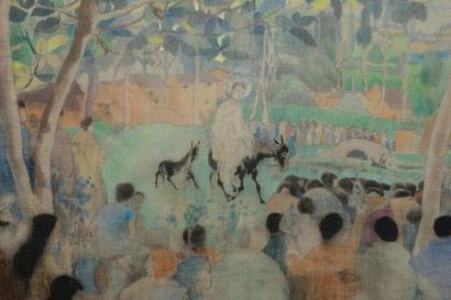 Alix AYMÉ (1894-1989) «L'entrée dans Jérusalem», peinture sur tissu. 33 x 62 cm