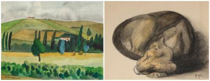 Georges Lucien GUYOT (1885-1973 ) «Paysage», aquarelle dédicacée à Marcel Aymé. 24...