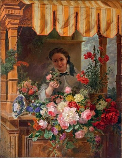 Simon SAINT-JEAN (1808-1860) La marchande de fleurs Huile sur toile, marouflée sur...