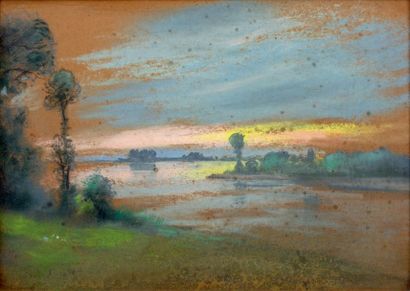 André SINET (1867-?) Paysage au soleil couchant Pastel, signé et dédicacé en bas...