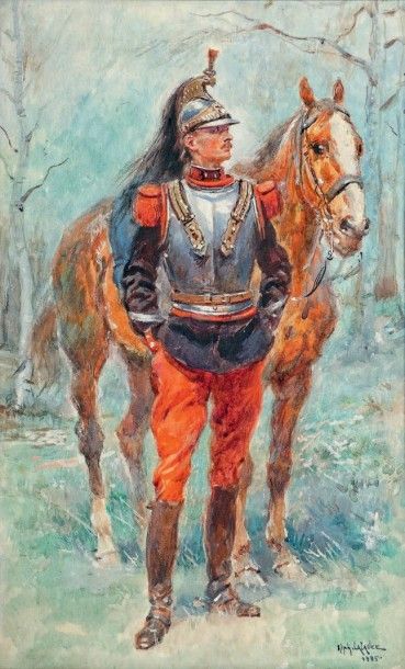 Alphonse LALAUZE (1838-1905) Le cuirassier Aquarelle, signée en bas à droite et datée...