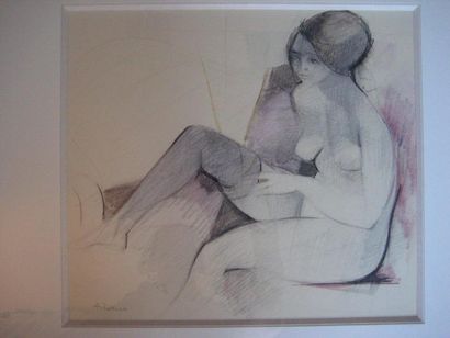Camille HILAIRE (1916-2004) Jeune femme mettant son bas dessin lavis et aquarelle...