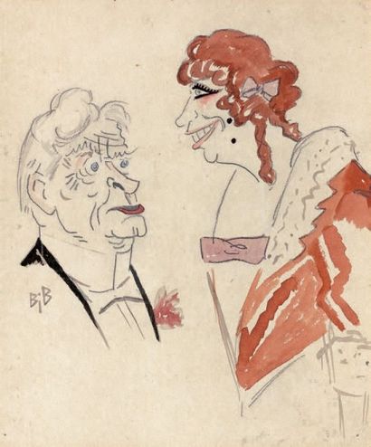 Bib ou Georges BRESTEL (1888-1966) Le couple Mine de plomb et aquarelle sur papier,...