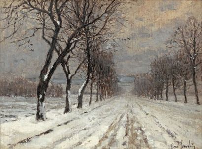 Henri JOURDAIN (1864-1931) Chemin bordé d'arbres sous la neige Toile signée en bas...
