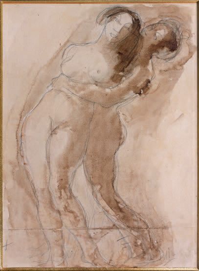 Odilon ROCHE (1840-1916) Deux nus enlacés Lavis d'encre sépia, porte des initiales...
