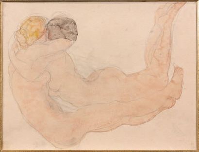 Odilon ROCHE (1840-1916) Deux nus enlacés Encre et aquarelle, porte une signature...