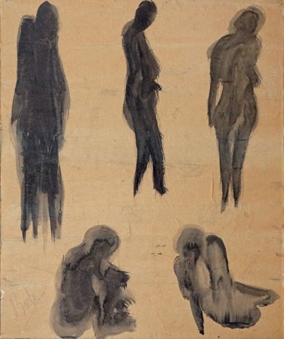 Elvira BACH (née en 1951) Cinq personnages Encre et lavis sur papier marouflé sur...
