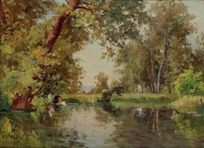 Maurice DAINVILLE (1858-1983) Lavandières en bord de rivière Huile sur papier doublé...