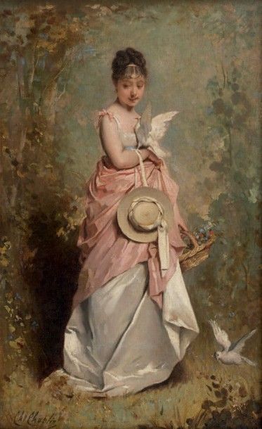 CHARLES CHAPLIN (1825-1891) Jeune femme aux colombes Huile sur toile, signée en bas...
