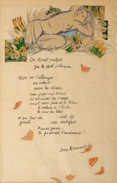 Henry de WAROQUIER (1881-1970) Femme nue couchée Technique mixte sur un poème manuscrit...