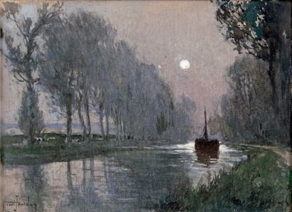Henri JOURDAIN (1864-1931) Péniche au clair de lune sur un canal Toile, signée en...