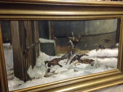 Émile Alfred MERY (1824-1896) Le repas des moineaux Huile sur toile, signée en bas...