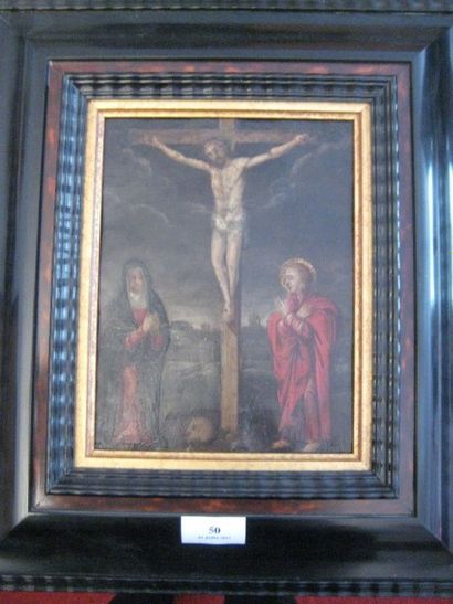 École Flamande du XVIIe siècle Le Christ en croix entre la Vierge et saint Jean Huile...