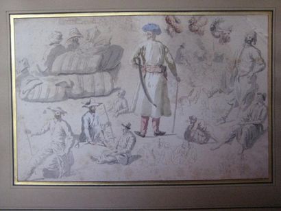 Jean-Baptiste HILAIRE Feuille d'études de personnages orientaux Aquarelle, plume...