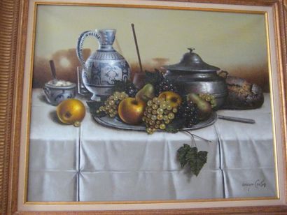 Georges COULON Nature morte aux raisins Toile Signée en bas à droite 63.5 x 79 c...