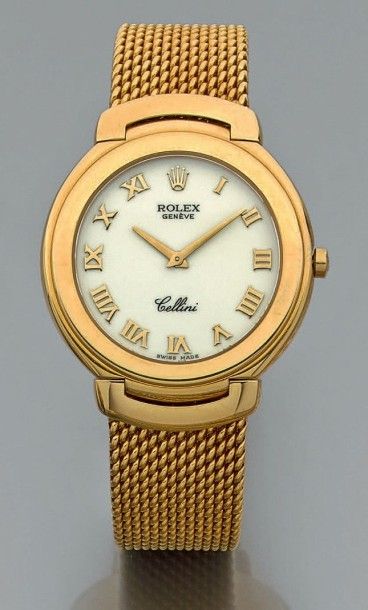ROLEX Bracelet montre ronde en or jaune (750 millièmes), modèle « Cellini ». Cadran...