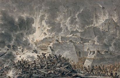 Dirk LANGENDYCK (Rotterdam 1748-1805) 
Une citadelle prise d'assaut
Plume et encre...