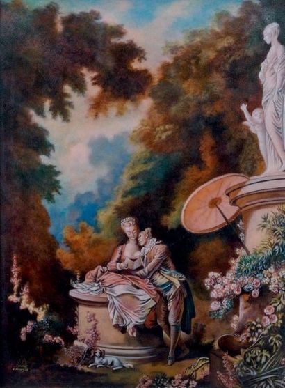 Camille Fauré 
"La leçon d'amour" d'après FRAGONARD Émail polychrome peint sur cuivre.
Signé...