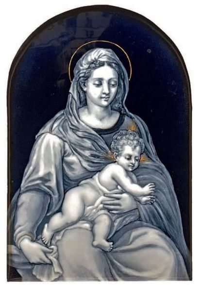 E.R. BLANCHER (1855-1935) 
Vierge à l'Enfant
Émail peint sur cuivre en grisaille...