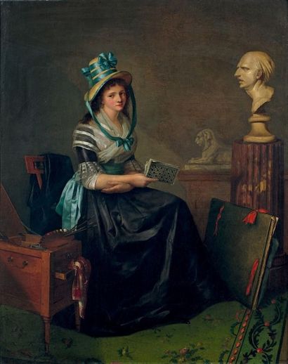 Marie Victoire LEMOINE (Paris 1754-1820) 
Femme artiste dans son atelier
Toile.
(Restaurations).
88,5...