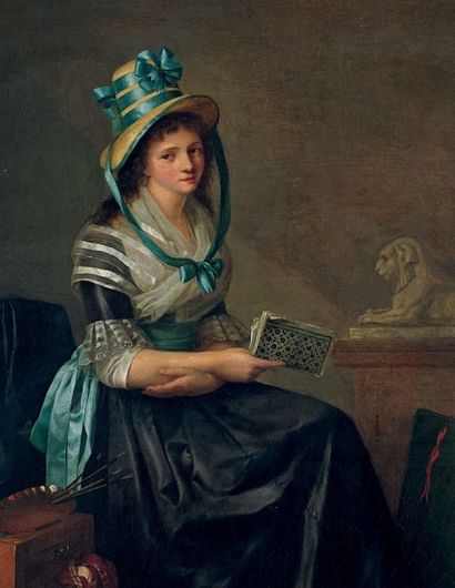 Marie Victoire LEMOINE (Paris 1754-1820) 
Femme artiste dans son atelier
Toile.
(Restaurations).
88,5...