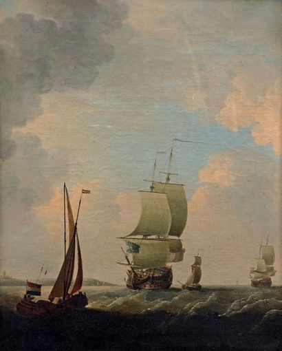 Attribué à Ludolf BACKHUYSEN (1630 - 1708) 
Navire anglais près des côtes
Toile.
76...