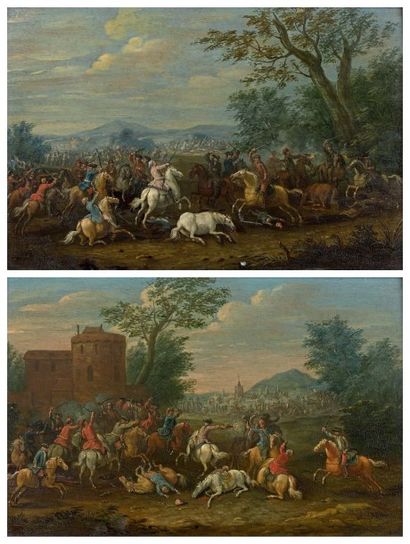 Ecole Flamande du XVIIIe siècle 
Scènes de cavalerie
Paire de panneaux de chêne,...