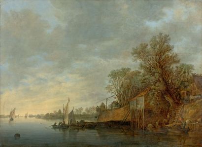 Jan Van GOYEN (Leyde 1596 - La Haye 1656) 
Le retour des pêcheurs
Panneau de chêne...