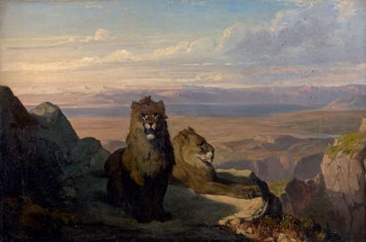École FRANÇAISE de la fin du XIXe - début du 
Lions dans le désert
Huile sur toile,...