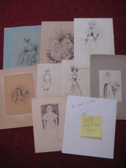 Lubin de Beauvais (XIX - XXe siècle) Lot de 8 dessins sur le thème: "Scène de charme"...