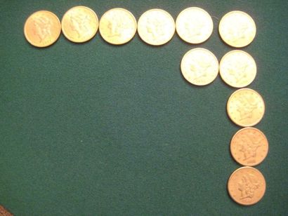 null USA 20 Dollars or, Liberty, 1858, 1884, 1893, 1894 (2), 1895 (6) LOT DE 11 MONNAIES...