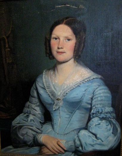 null Ecole française du XIXème siècle "Femme en bleu" Huile sur toile 80 x 63 cm....