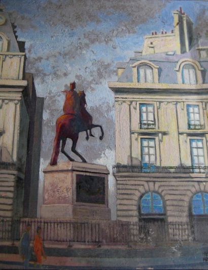 null Henri Des HAMEAUX "Place des Victoires" Huile sur toile, signée en bas à droite....