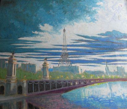 null Henri Des HAMEAUX "Pont Alexandre III et Tour Eiffel" Huile sur toile, signée...