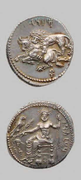 null TARSE : Mazaios (361-334 av. J.-C.) Statère. 11,03 g. Baal assis de face. R/Lion...
