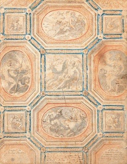 École FRANÇAISE du début du XVIIe siècle Projet de plafond à compartiments à thème...