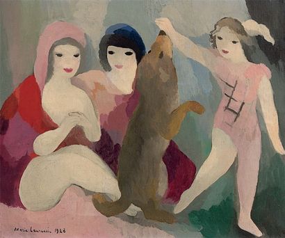 LAURENCIN Marie (1885-1956) Trois femmes et un chien, 1928 Huile sur toile signée...