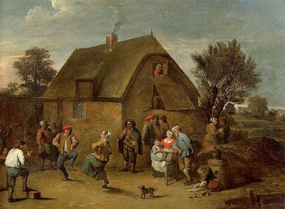 Attribué à Thomas van APSHOVEN (1622-1664) Réjouissances paysannes devant une auberge...